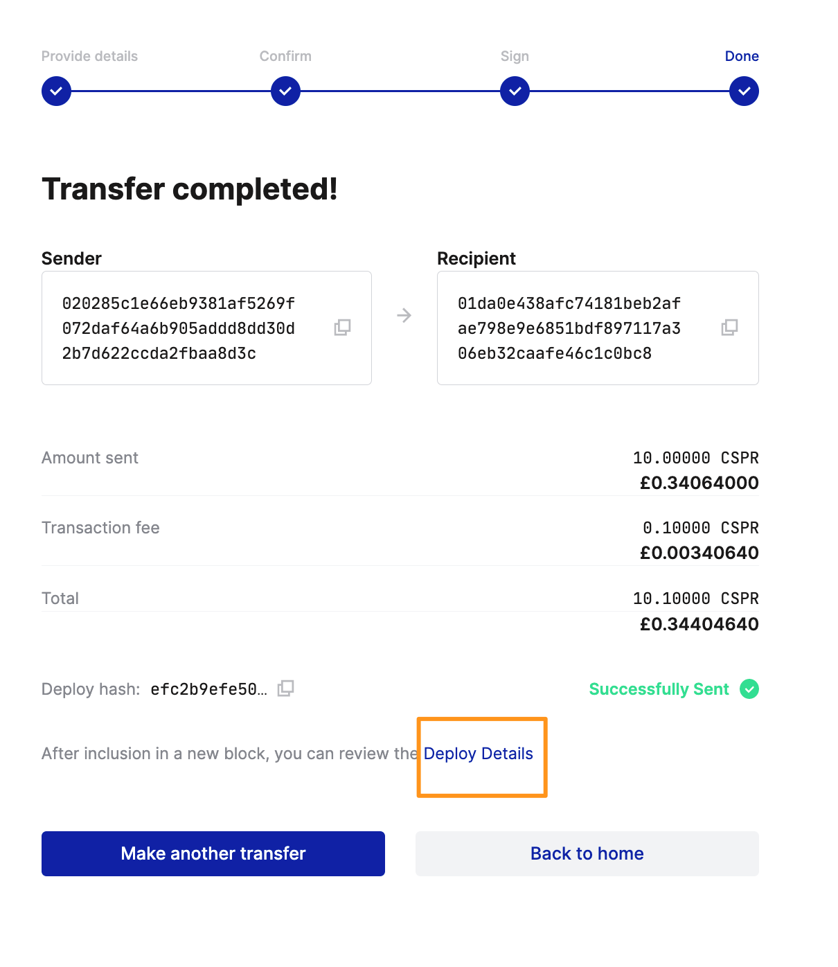 Transfer completed window